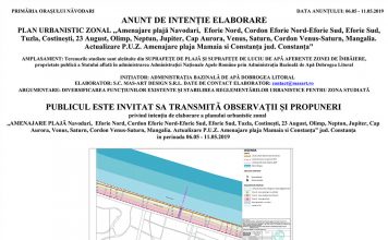 Anunț de intenție pentru elaborarea PLANULUI URBANISTIC ZONAL ,,Amenajare plajă Năvodari”